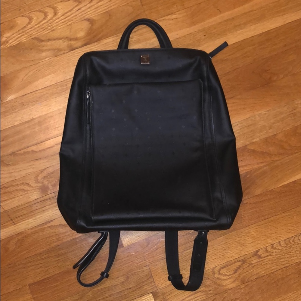 MCM Black Leather Visetos Backpack w Zip off Pouch
